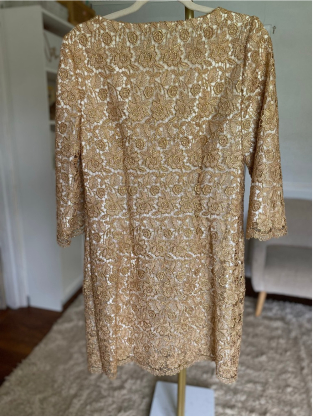 Vintage Milly Of New York Gold Lace Shift Dress Cocktail Wedding Guest Elegant - Picture 3 of 6